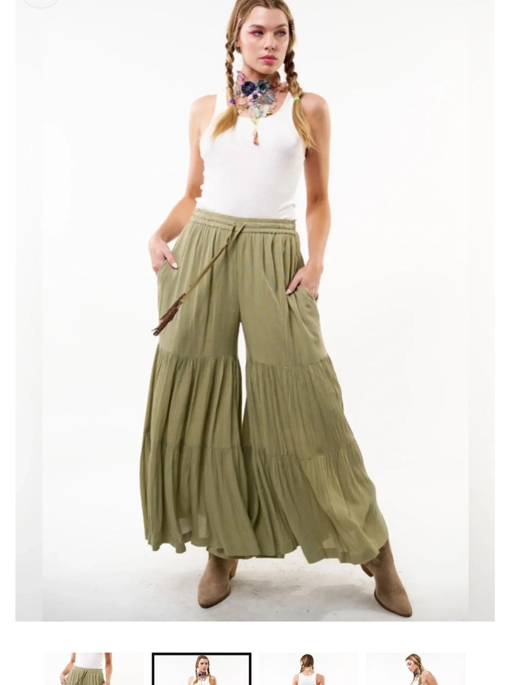 ARATTA Boho Tiered Maxi Pant in Olive Green Xsmall NWT